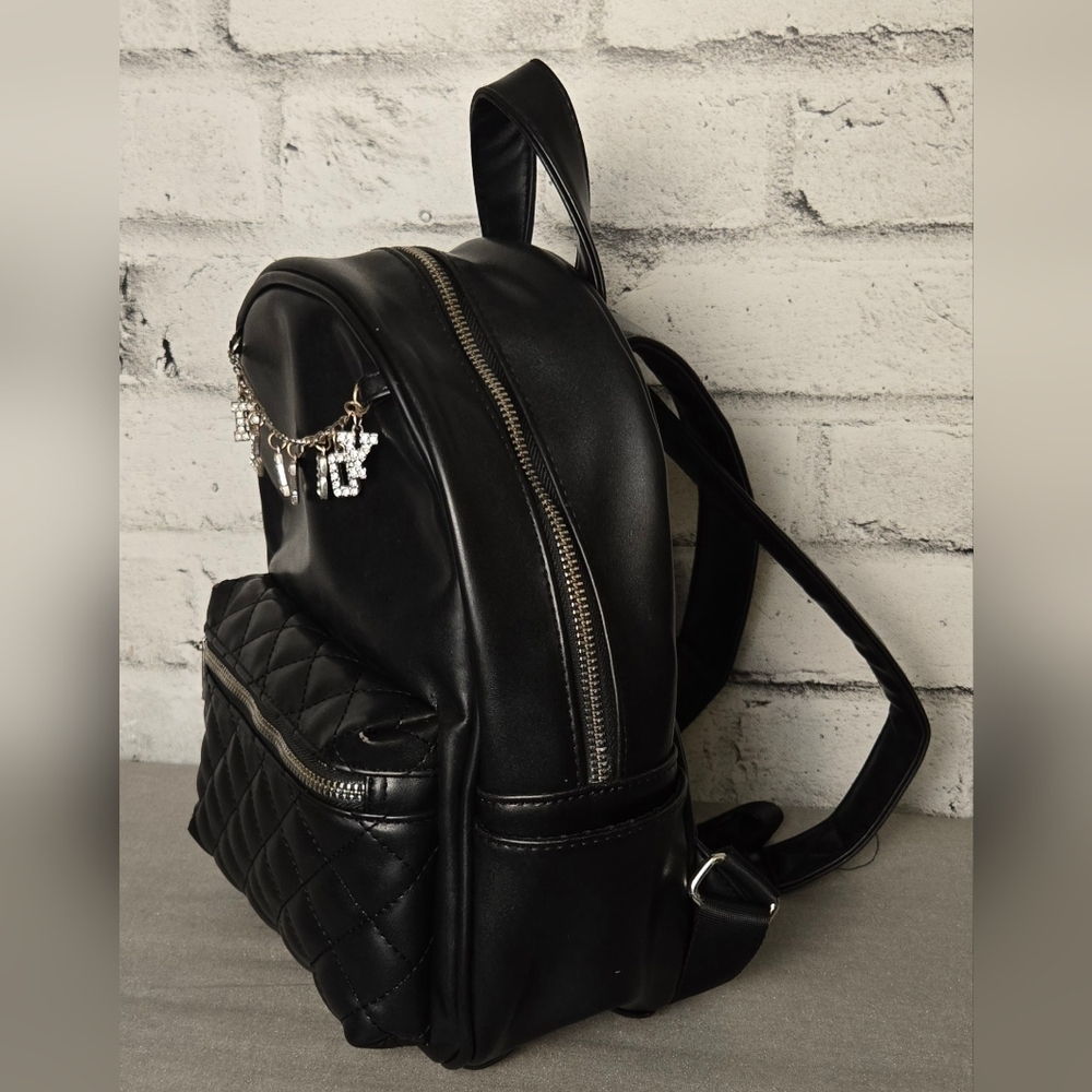 Playboy Quilted Black Faux Leather Mini Backpack with Rhinestone Charm - Picture 3 of 9